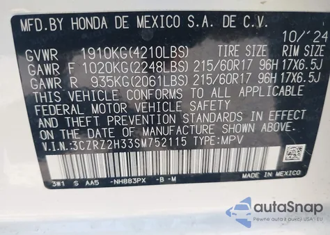 2025 Honda Hr-V Awd Lx z USA, uszkodzony, nr VIN 3CZRZ2H33SM752115